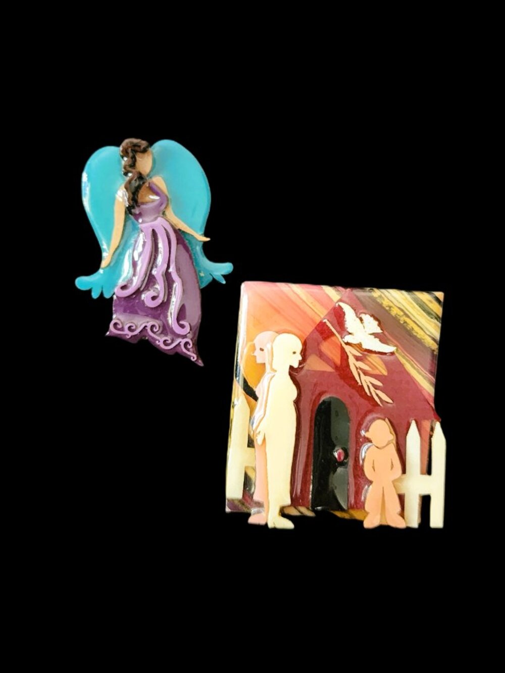 VTG Designs By Lucinda Handmade Resin Brooches Pins Lot of 2 House & Angel